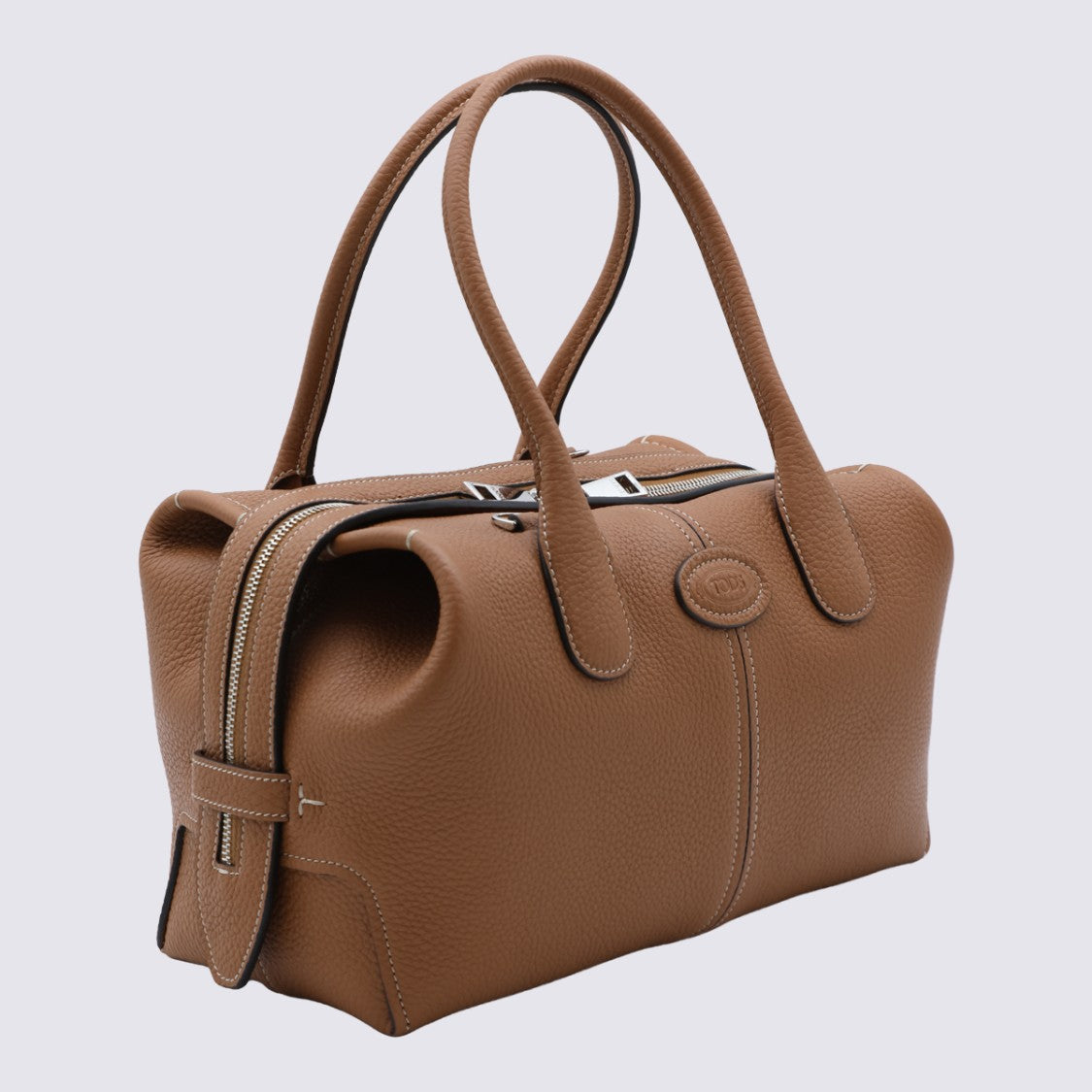 Tod's Top Handle Logo Emblem Shoulder Bag Zip Closure Leather - Brown