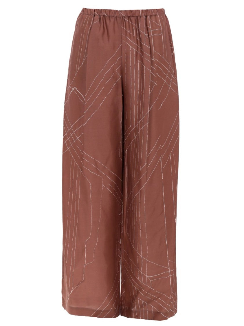 Alysi Linear Pattern Elastic Waistband Silk Wide-Leg Pants