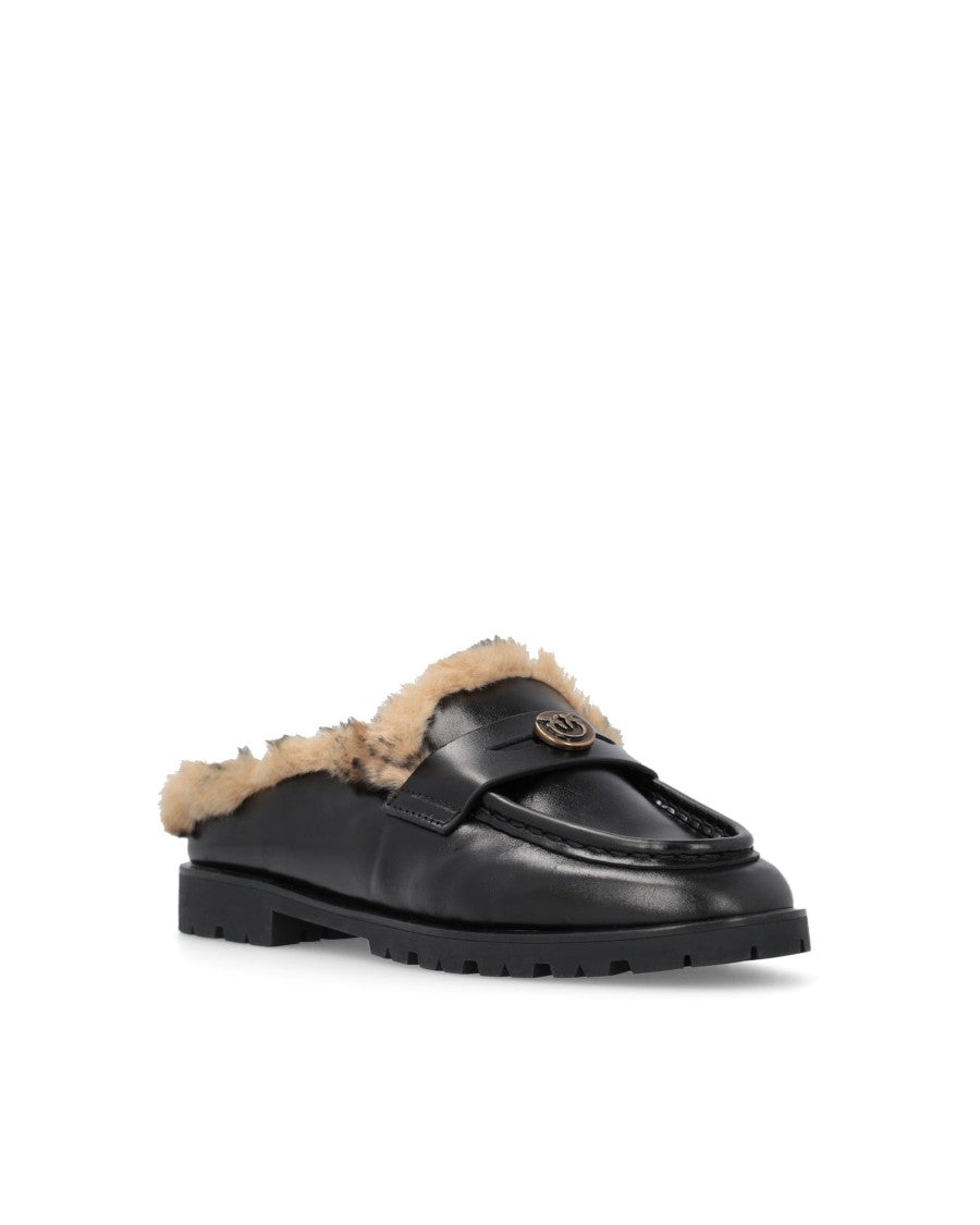 Pinko Black Leather Faux Fur Nora 09 Mules