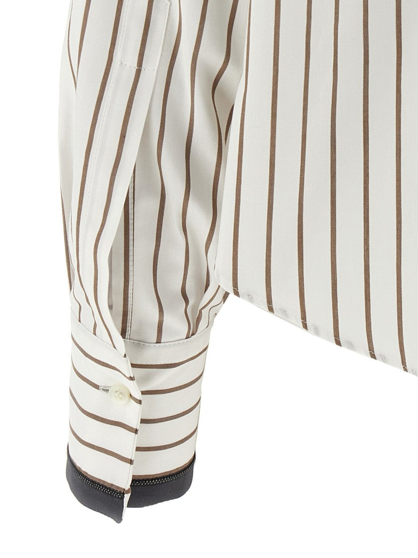 Brunello Cucinelli Monile Detail Cuffed Striped Shirt