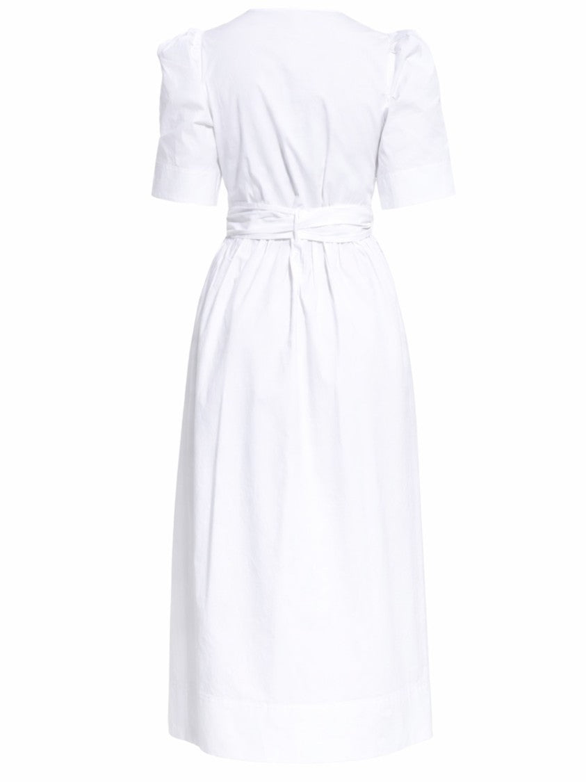 Ganni V-Neck Cotton Puff Sleeves Midi Dress