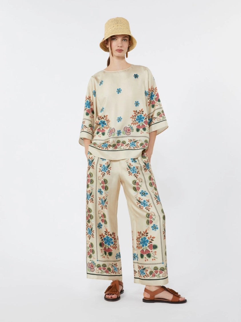 Max Mara Wide-Leg Floral Print Pants With Elastic Waistband