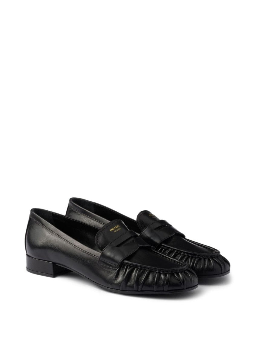 Prada Gathered Leather Loafers With Embossed Branding