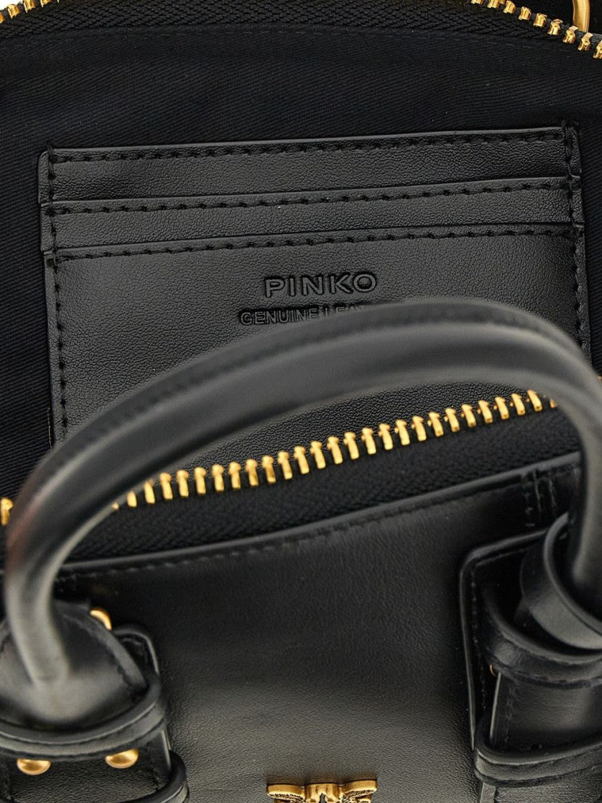 Pinko Structured Black Leather Shoulder Bag With Gold Accents