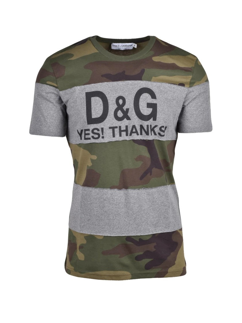 Dolce & Gabbana Grey/Green Two-Tone Bold Text Cotton T-Shirt