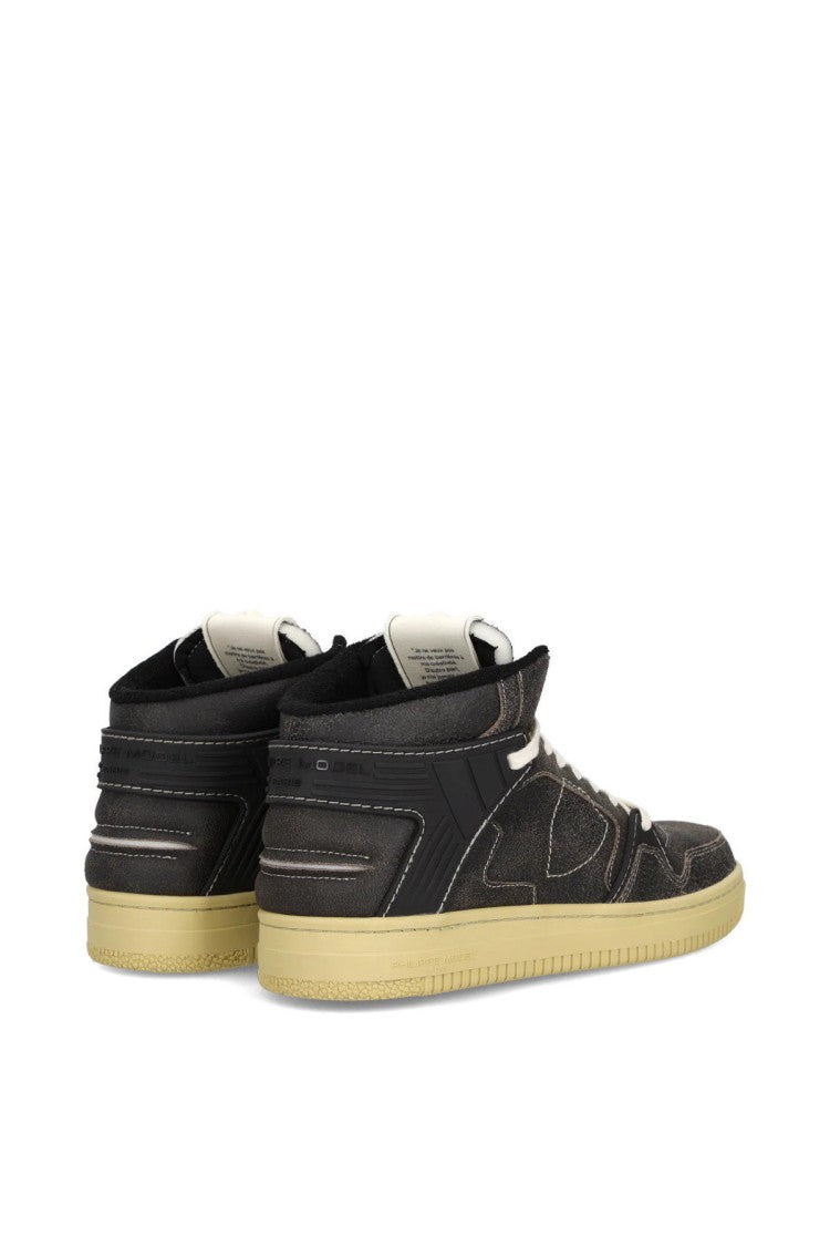 Philippe Model Black Distressed Weathered Chunky Sole Leather-Blend Sneakers