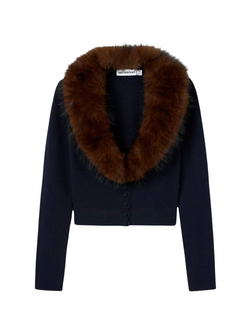 Self-Portrait Navy Faux-Fur Collar Cropped Knit Cardigan