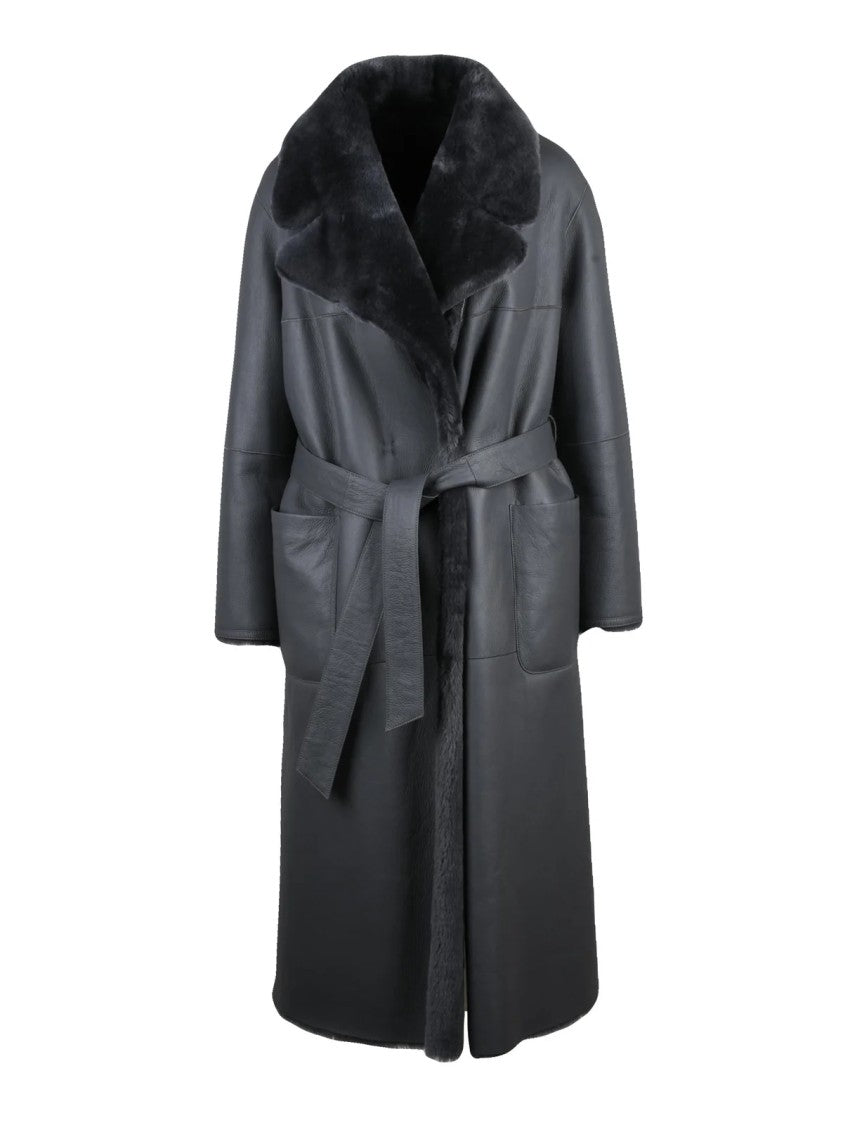 Desa 1972 Grey Plush Fur Lined Leather Trench Coat