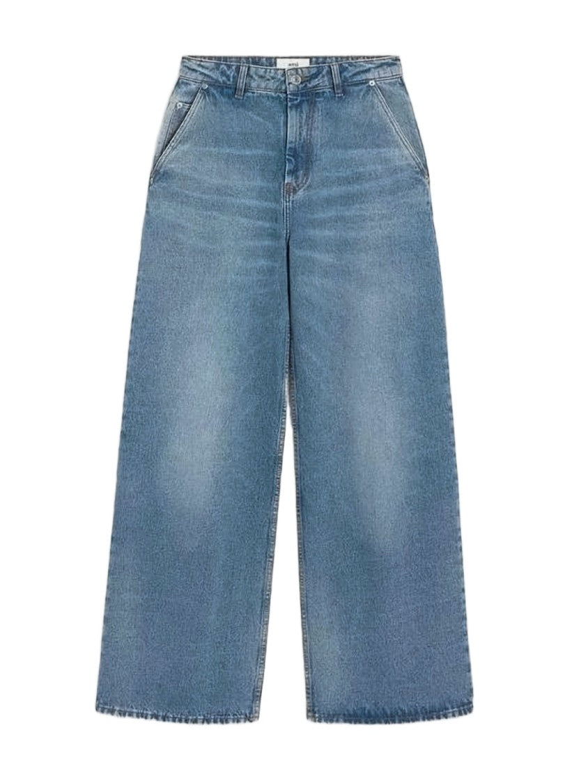 Ami Paris High-Waisted Wide-Leg Denim Pants With Matching Belt