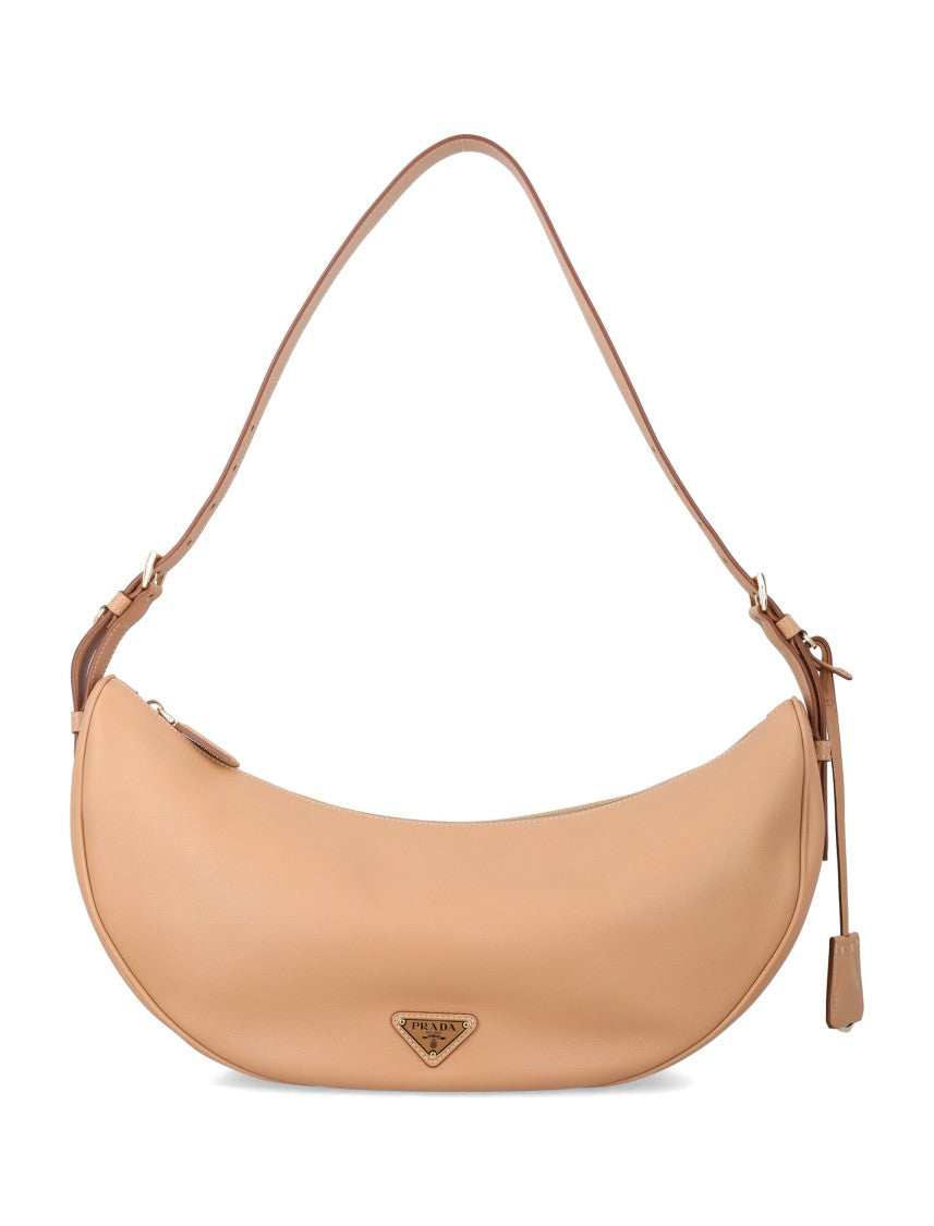 Prada Large Calf Leather Hobo Bag With Adjustable Strap And Iconic Enamelled Logo