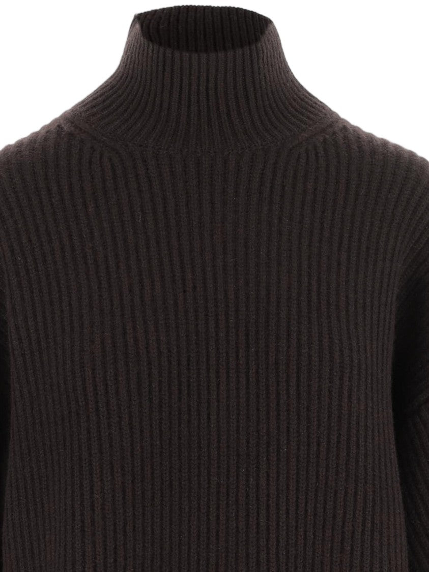Carven Brown Voluminous-Sleeve Ribbed Cashmere Turtleneck