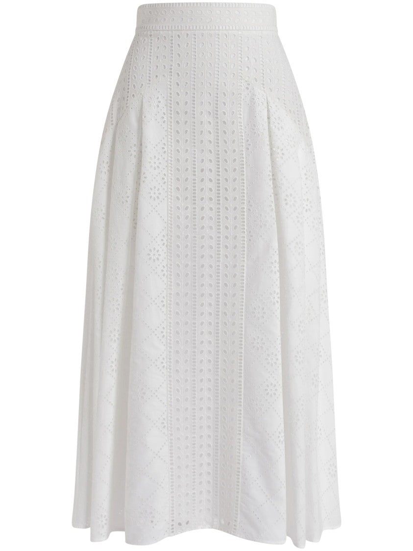 Alberta Ferretti Eyelet Embroidered White Midi Skirt With High Waistband