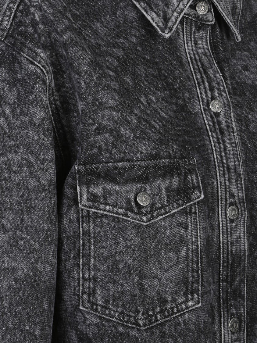 Golden Goose Floral Print Boyfriend Shirt In Washed Cotton Denim