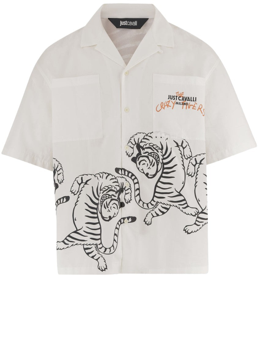 Just Cavalli Short-Sleeve Cotton Shirt With Bold Tiger Print And Logo Details