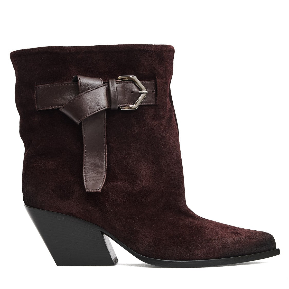 Elena Iachi Bordeaux Suede Ankle Boots With Wide Leather Buckle