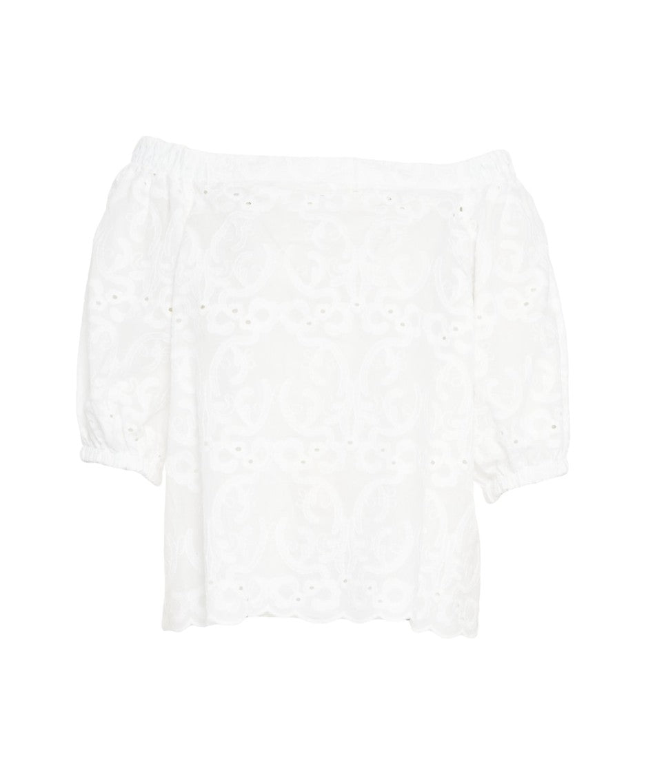 Himons White Blouse With Embroideries And Wavy Hem