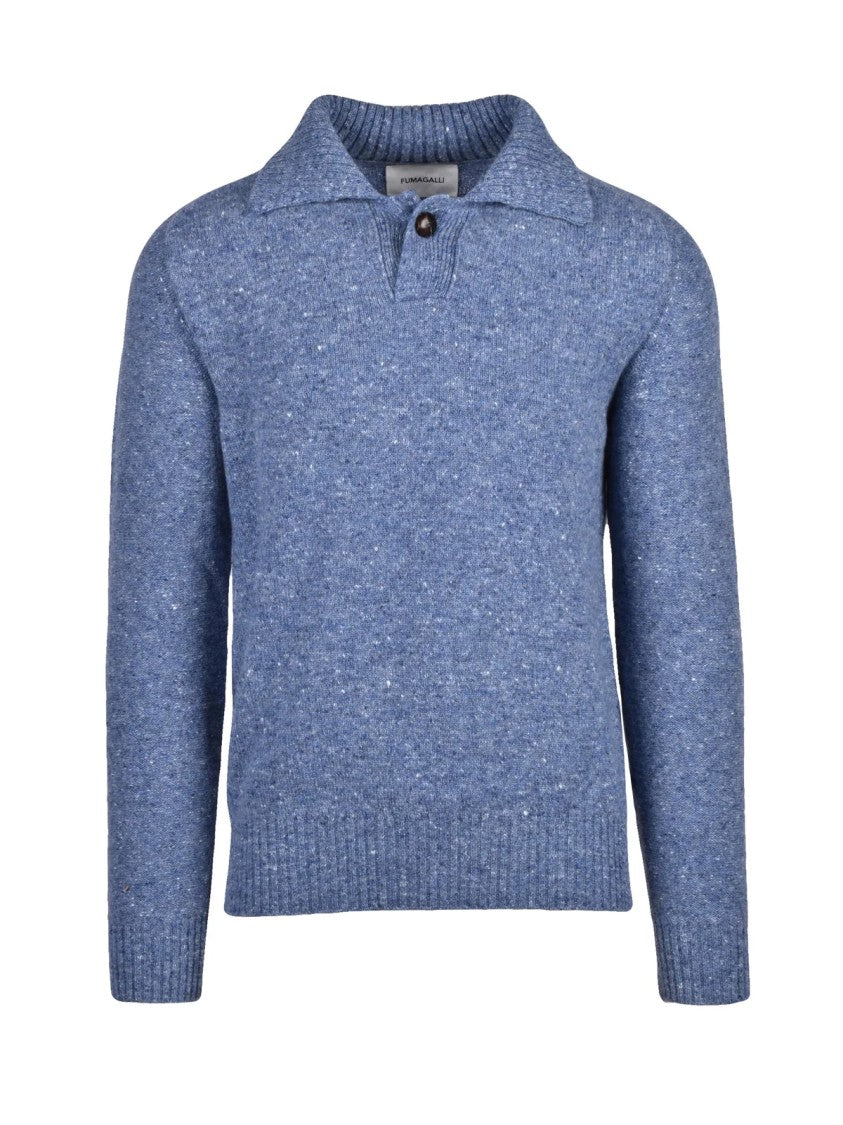 Fumagalli Light Blue Speckled Merino-Cashmere Knit Polo Shirt