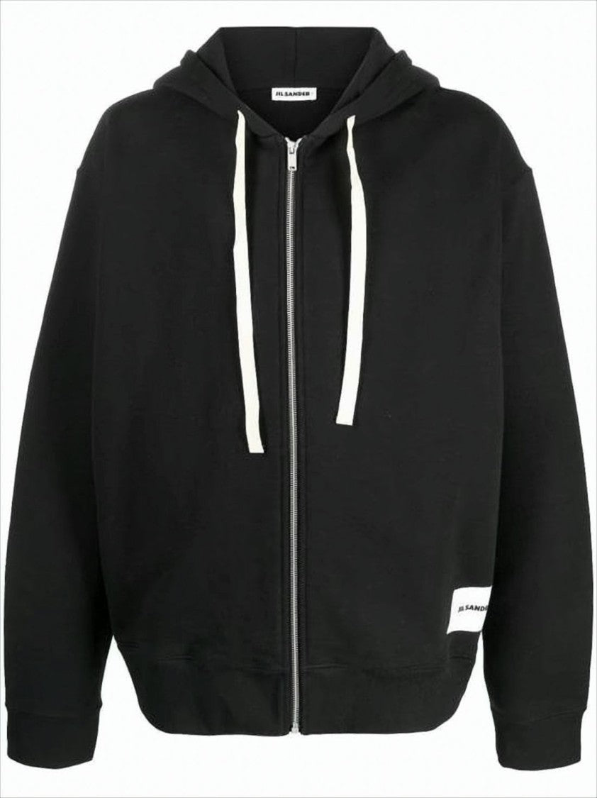 Jil Sander Zip-Up Black Hoodie With Contrasting Drawstrings And Minimalist Design