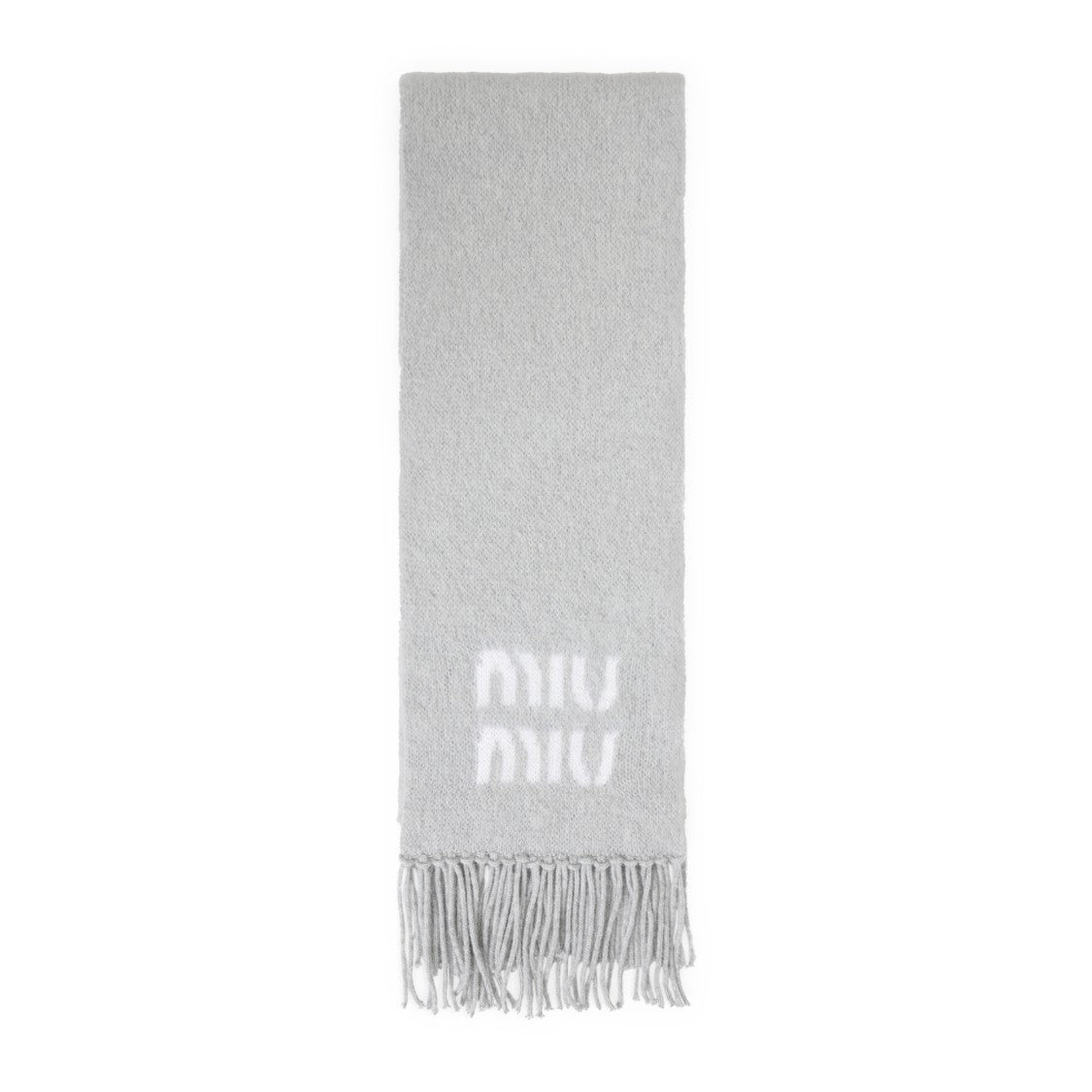 Miu Miu Fringed Grey Mohair Blend Scarf With Contrasting Logo