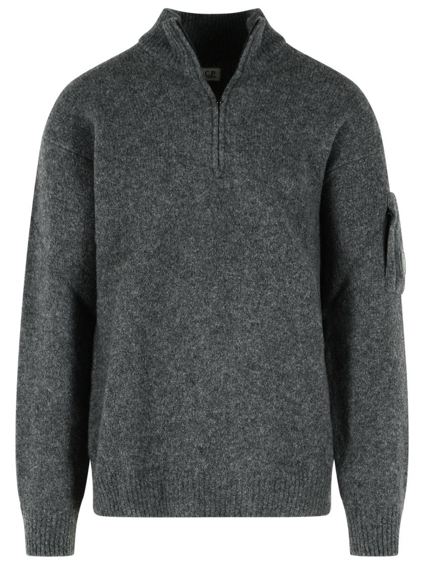 C.P. Company Grey Lens Zip-Pocket Partial-Zip Wool-Blend Sweater