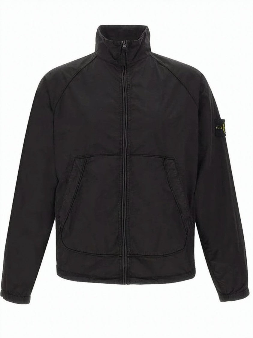 Stone Island Minimalist Black Leather Jacket With High Collar