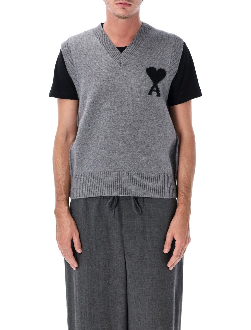 Ami Paris Felted Merino Wool Sleeveless Sweater With Intarsia Heart Design