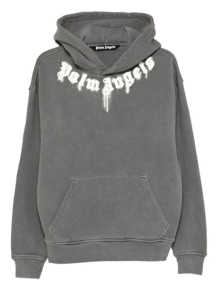 Palm Angels Hooded Grey Cotton Sweatshirt With Graphic Logo