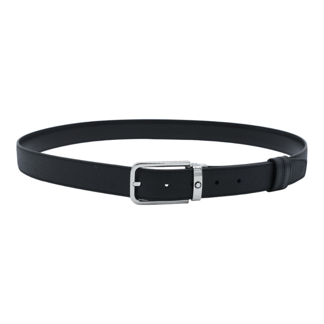 Montblanc Textured Black Leather Belt With Polished Silver Buckle