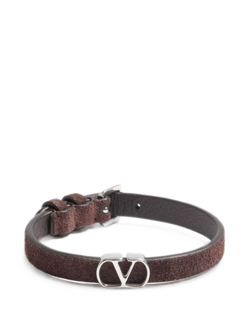 Valentino Garavani Brown Textured Suede Silver Emblem Bracelet