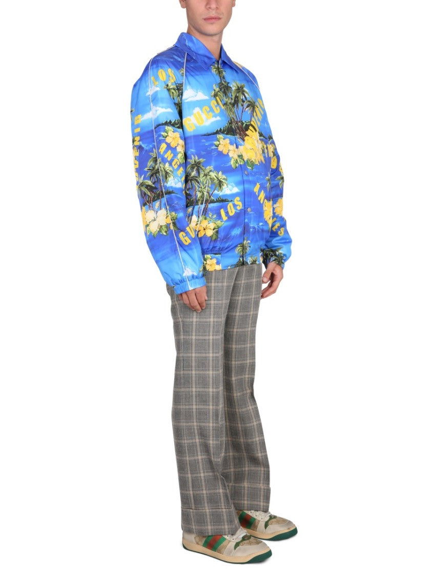 Gucci Nylon Jacket With Tropical Print And Yellow Accents