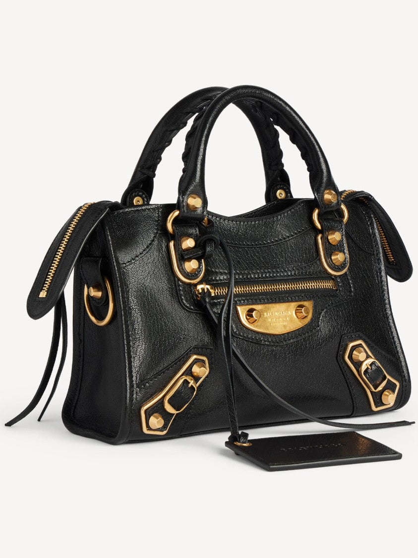 Balenciaga Structured Black Leather Mini Shoulder Bag With Gold Accents