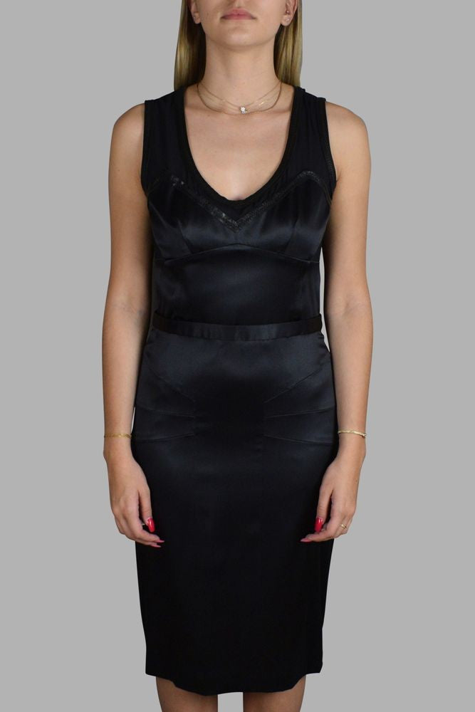Dolce & Gabbana Shiny Black Midi Dress With Transparent Bust