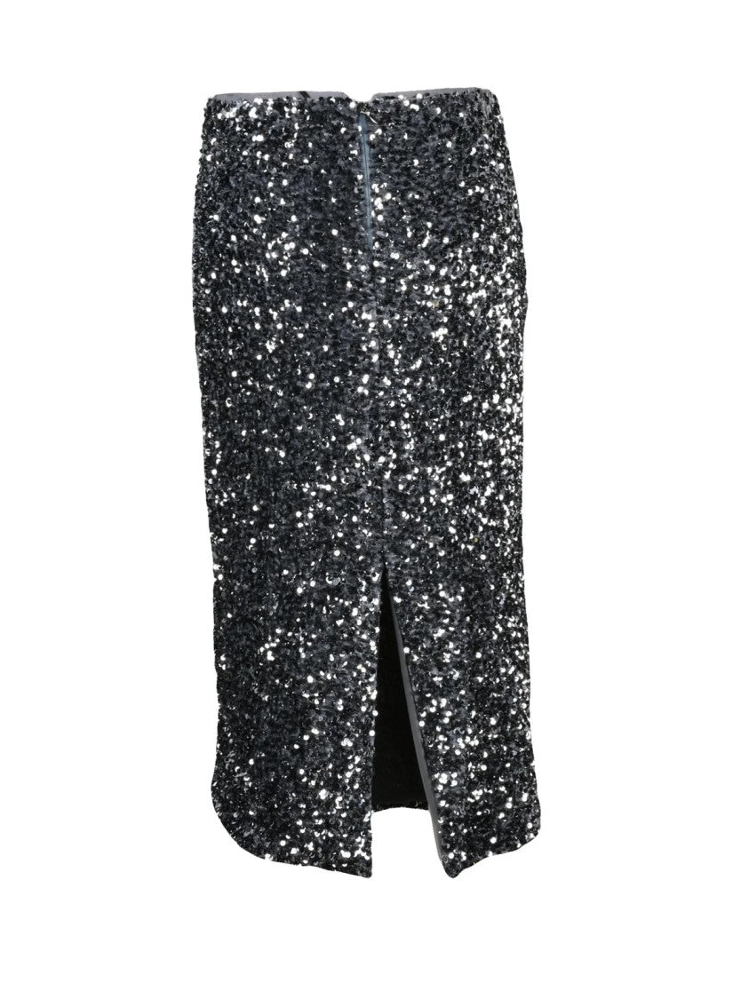 Vicolo Silver Sequin Stretch Zip Midi Skirt