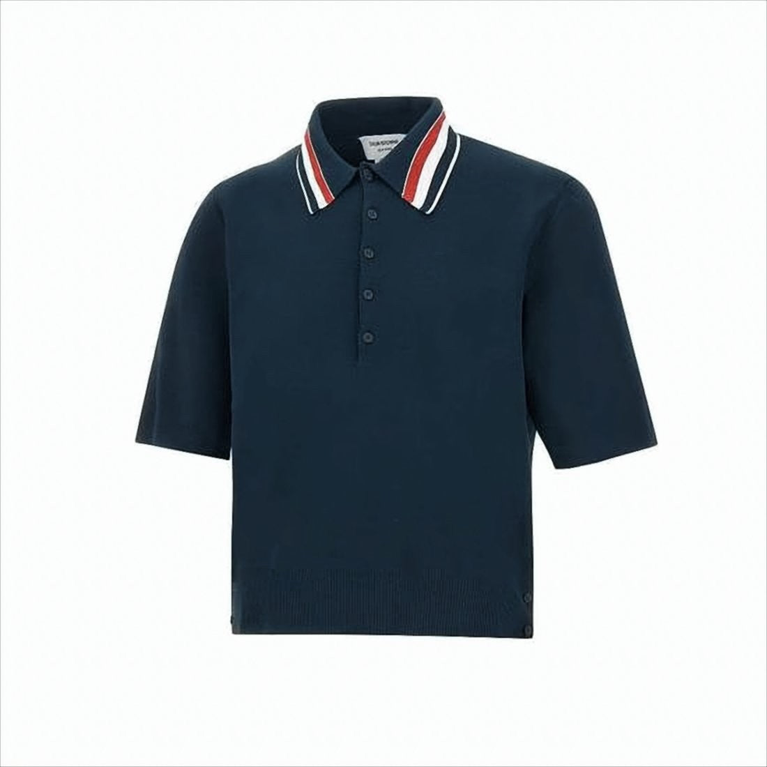 Thom Browne Navy Polo Shirt With Striped Collar And Side Button Details