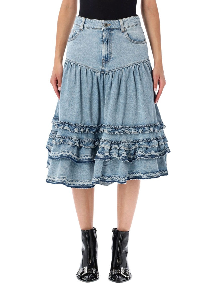 Ganni Flared Denim Midi Skirt With Layered Frill Detailing
