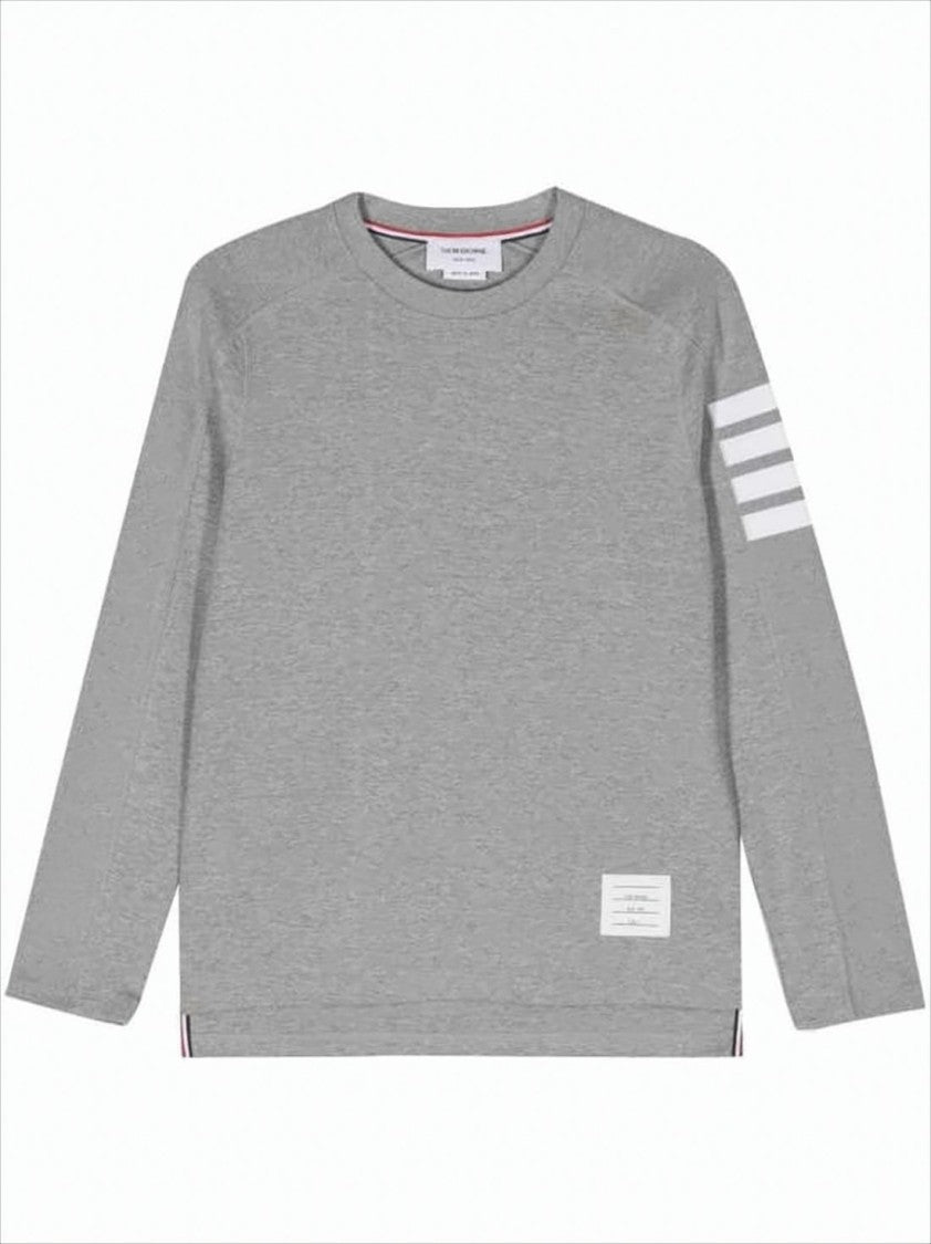 Thom Browne Heather Grey Long-Sleeve Crew Neck Shirt With Signature Stripes