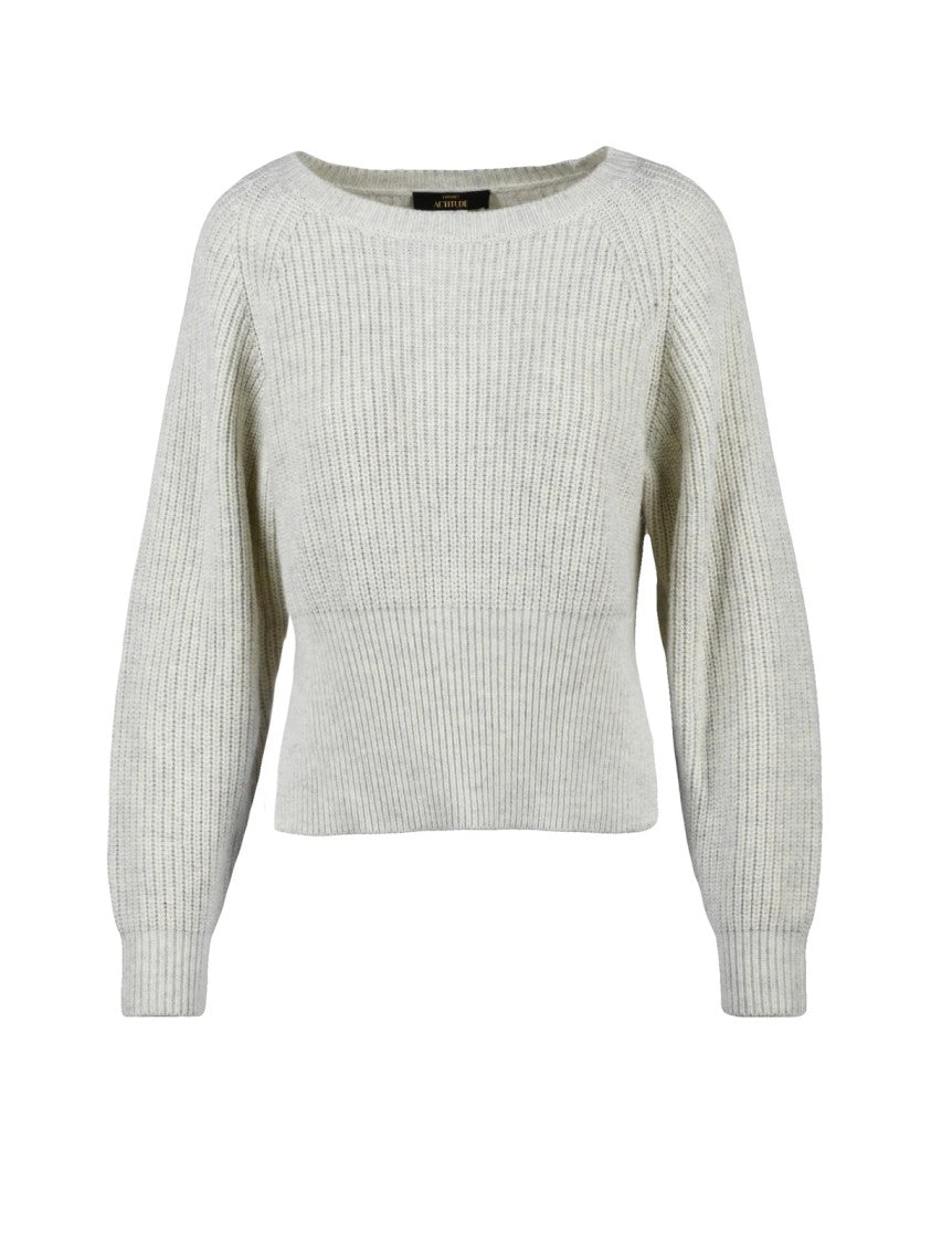 Twinset Actitude Ribbed Knit Light Grey Sweater With Boat Neckline And Fitted Waist