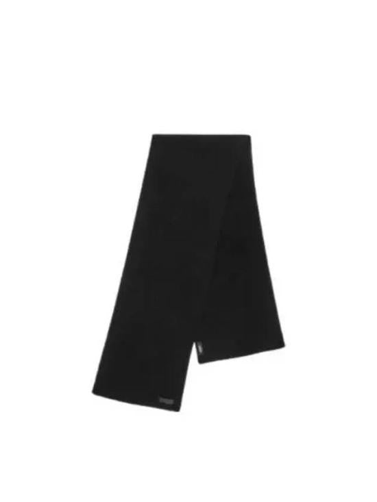 Versace Solid Black Wool Scarf With Calf Leather Detail