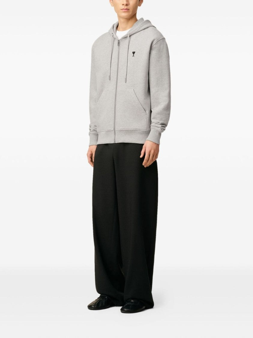 Ami Paris Light Grey Zip-Up Hoodie With Subtle Embroidered Detail