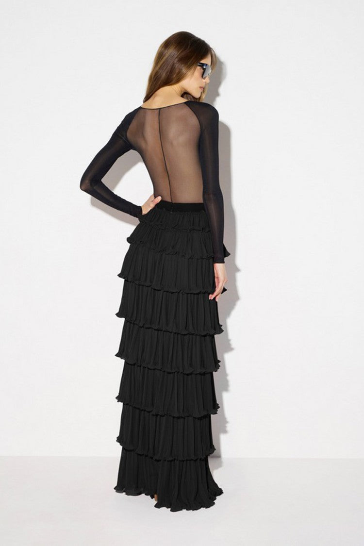 Elisabetta Franchi Black Sheer Mesh Yoke Viscose-Blend Bodysuit