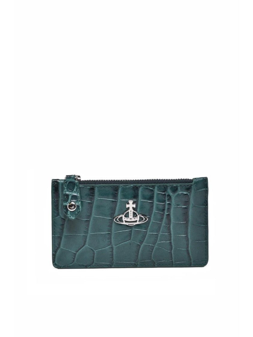 Vivienne Westwood Textured Green Leather Cardholder With Zip Closure