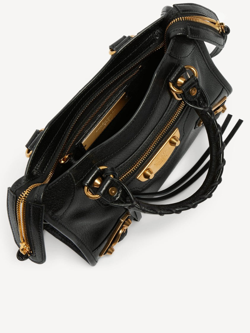 Balenciaga Structured Black Leather Mini Shoulder Bag With Gold Accents