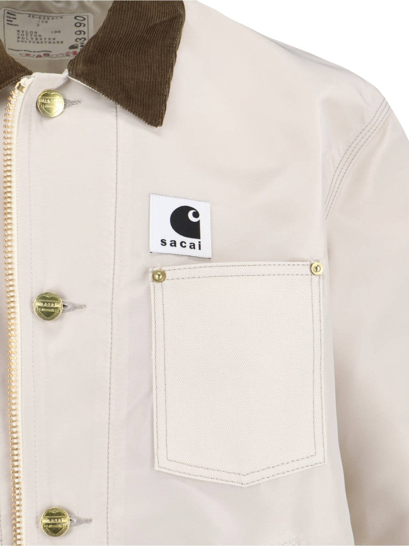 Sacai Light Beige Casual Jacket With Dark Brown Corduroy Collar