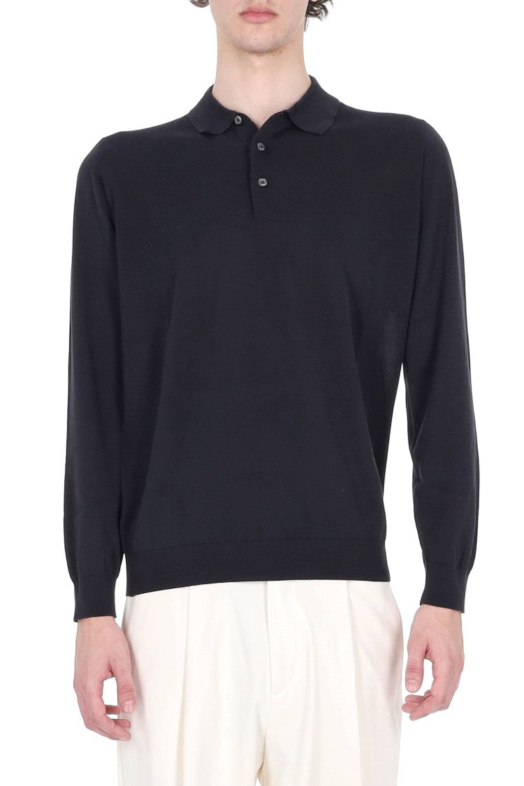 Drumohr Blue Long-Sleeve Cotton Polo Shirt