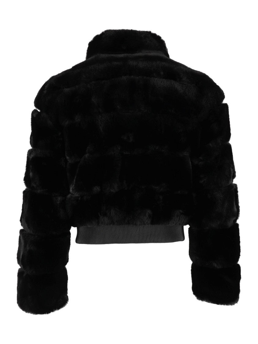 Michael Kors Striped Fur Short Bomber Jacket With High Collar