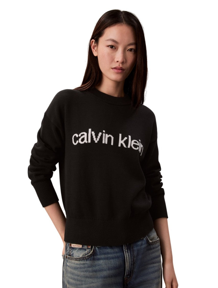 Calvin Klein Embroidered Cotton Knit Sweater With Ribbed Details
