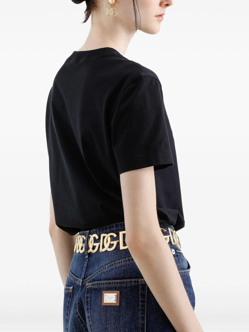 Dolce & Gabbana Black Jersey Cotton White Embroidered T-Shirt