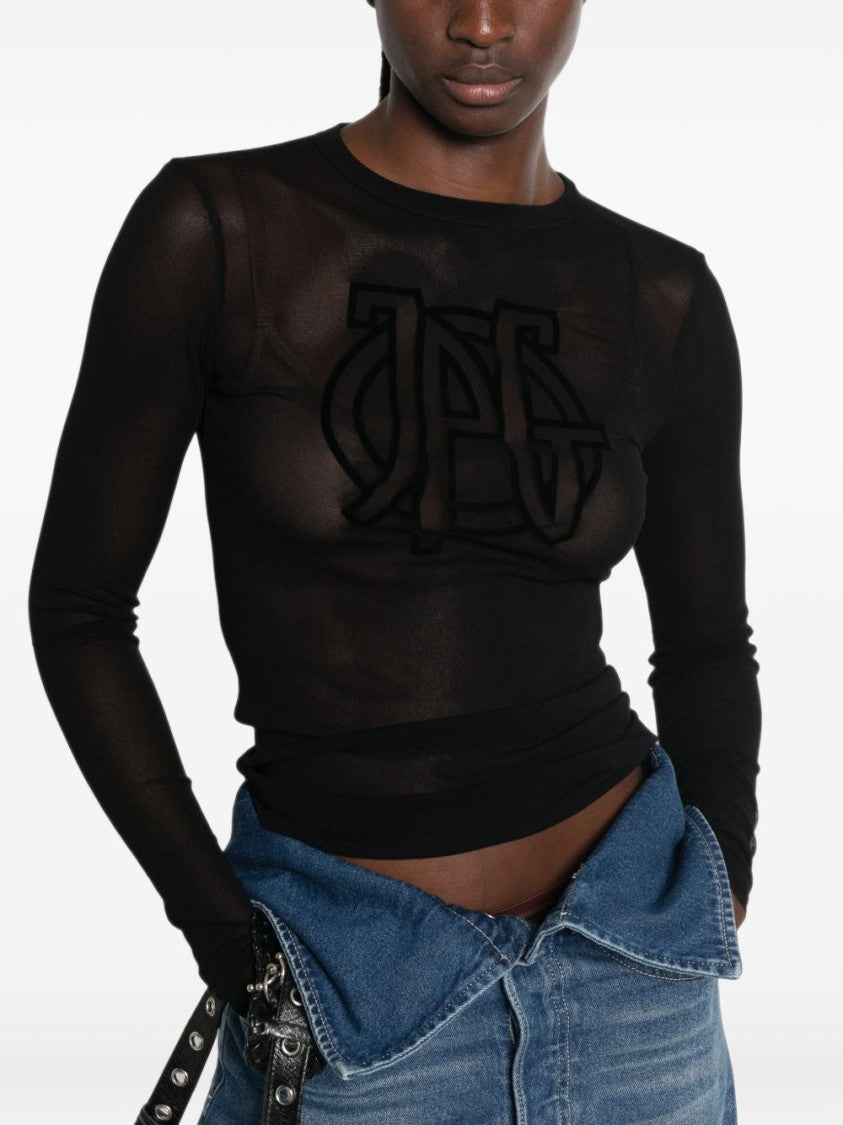 Jean Paul Gaultier Black Sheer Mesh Velvet Logo Long-Sleeved Top