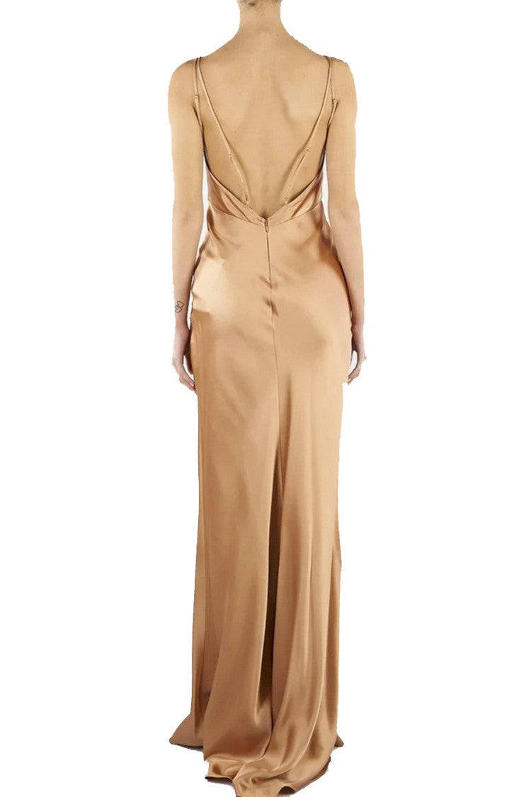 Elisabetta Franchi Gold Polyester-Elastane Tie-Front Slip Gown