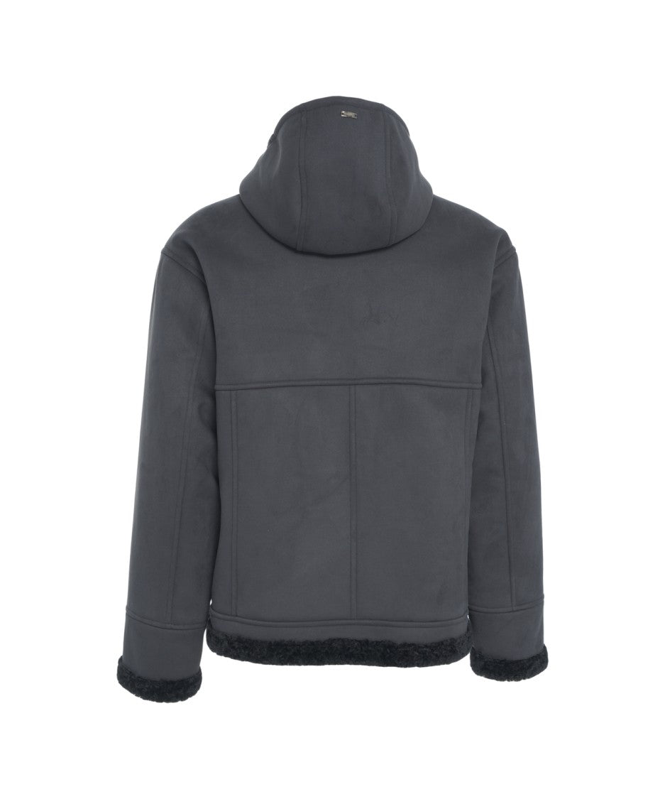 Herno Black Suede Jacket With Shearling Lining And Integrated Hood